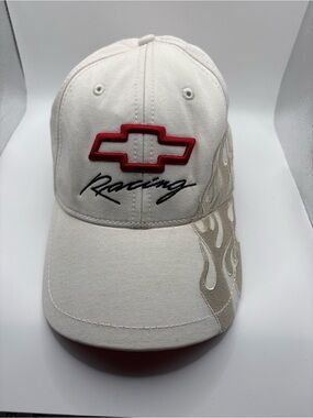 Vintage Chevrolet Racing Flame Hat Adjustable White Chevy Bowtie Cap